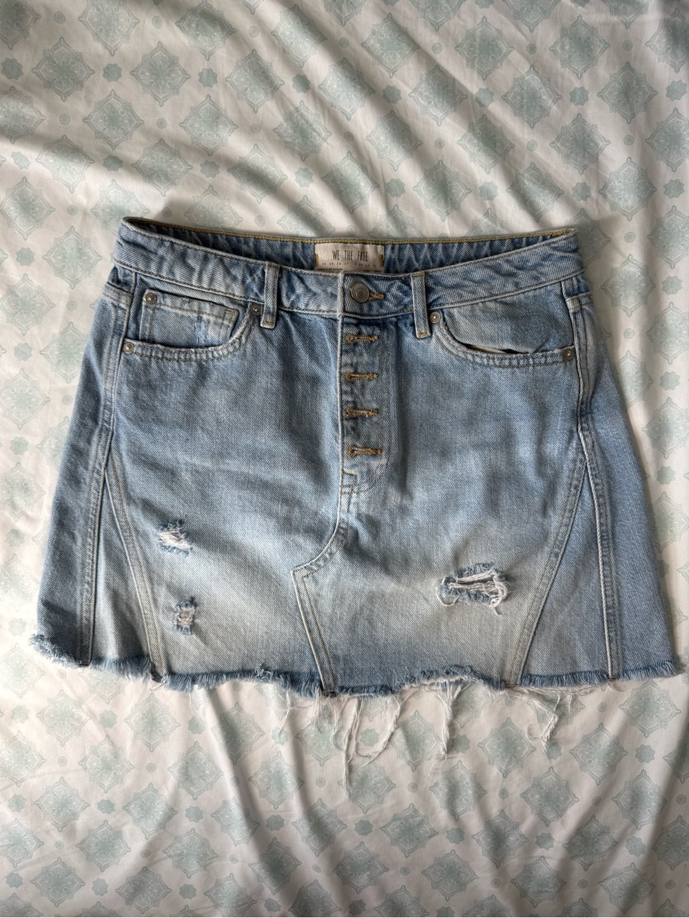 Y2k Free People light blue distressed denim mini skirt with button fly